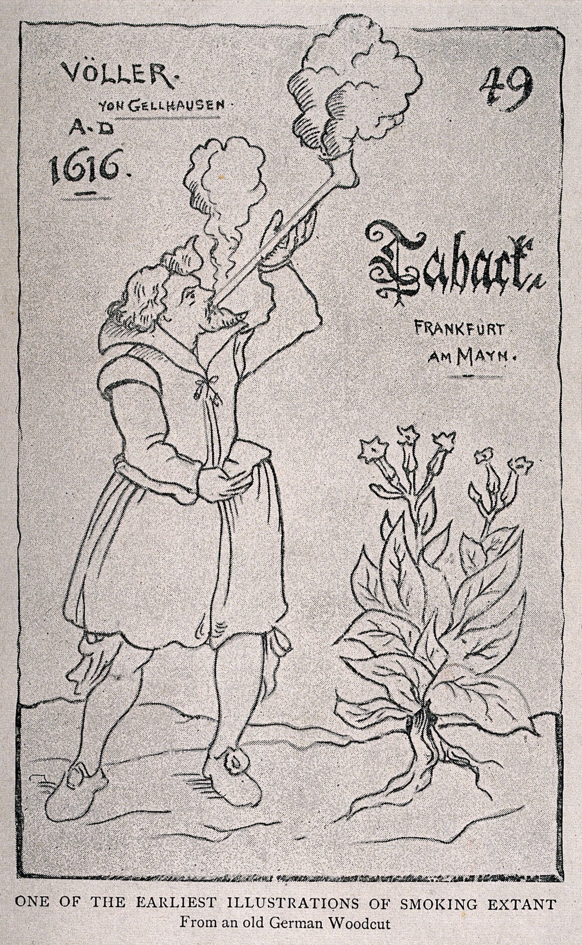 A historical woodcut showing a man smoking, from the Wellcome Collection